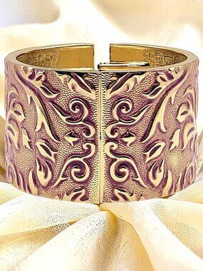 Gold Relief Cuff Bracelet | Embossed Floral Scroll